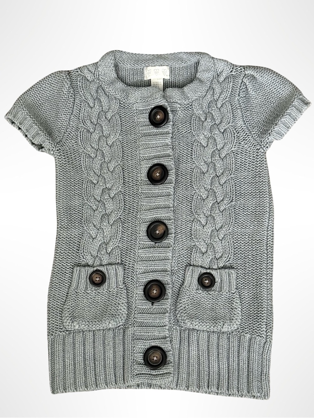 Three Hearts Girls Cable Knit Sweater Dress Gray Patch Pockets Short Sleeve